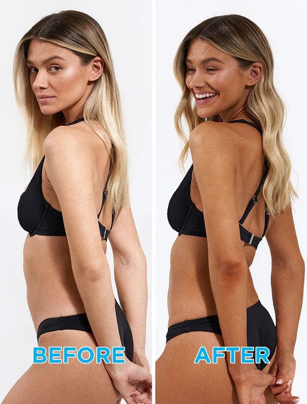 Side-by-side photos of a woman in a black bikini labeled Before and After. Before: she appears neutral and slouched; After: she's smiling with better posture after using BondiSandsEU Aero Self Tanning Foam Liquid Gold & Application Mitt Bundle.