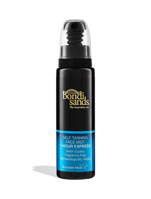 A black and blue bottle of BondiSandsEU 1 Hour Express Bundle with a spray nozzle, featuring gold and white label text.