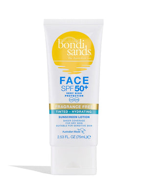 A 2.53 fl oz (75mL) tube of BondiSandsEU SPF 50+ Fragrance Free Hydrating Tinted Face Lotion, suitable for sensitive skin, in a white tube with blue and yellow accents.