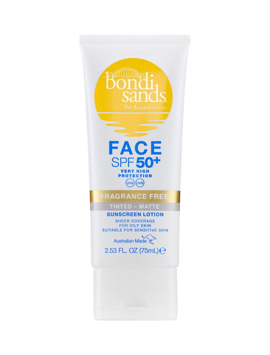 A white 75mL tube of BondiSandsEU Face SPF 50+ Tinted & Matte Sunscreen Lotion with yellow and blue text—ideal for oily skin.
