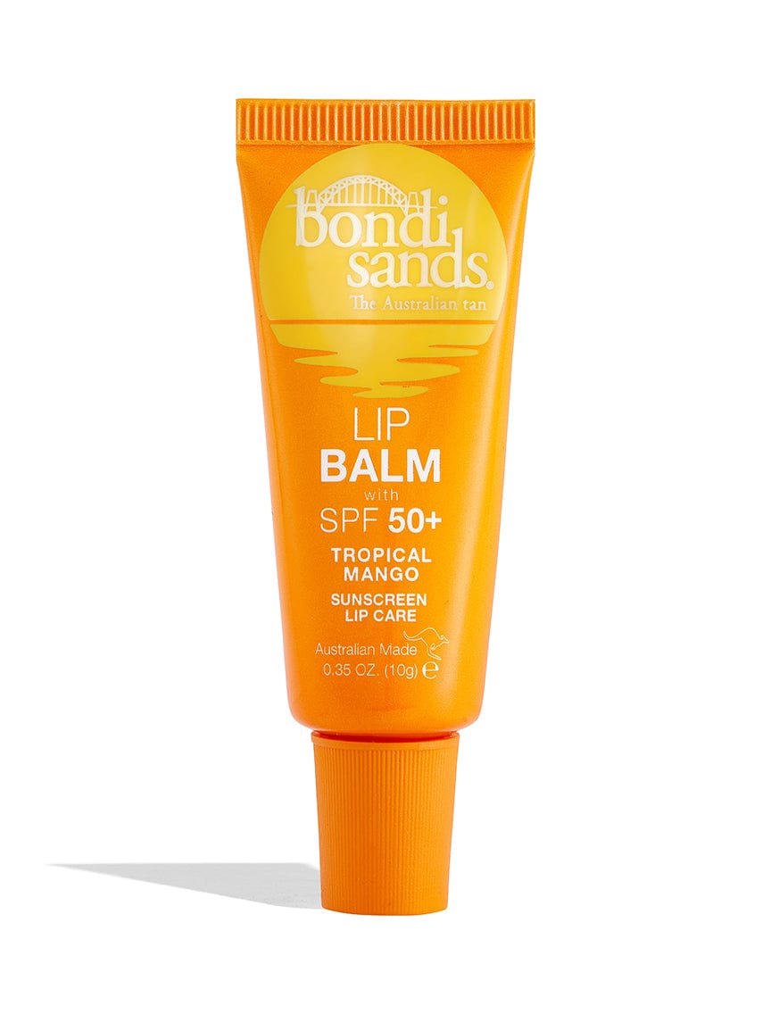 An orange tube of BondiSandsEU Mango SPF 50+ Lip Balm stands upright on a white background, featuring yellow and white text, a sun graphic, and is labeled as Tropical Mango Sunscreen Lip Care with shea butter.