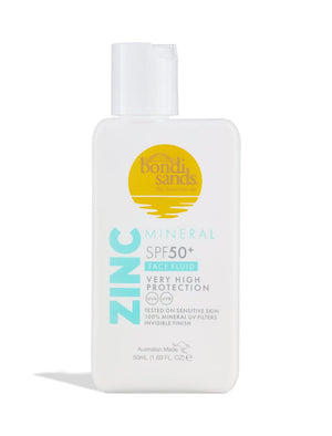 A white bottle of BondiSandsEU SPF 50+ Mineral Face Fluid stands upright on a white background, featuring a yellow sun logo and teal text, and offers invisible sun protection for your face.