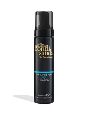 A black bottle of BondiSandsEU Self Tanning Foam Dark & Application Mitt Bundle, with gold and blue text, a pump dispenser, and a Sydney Harbour Bridge design above the logo—ideal for flawless tan application.