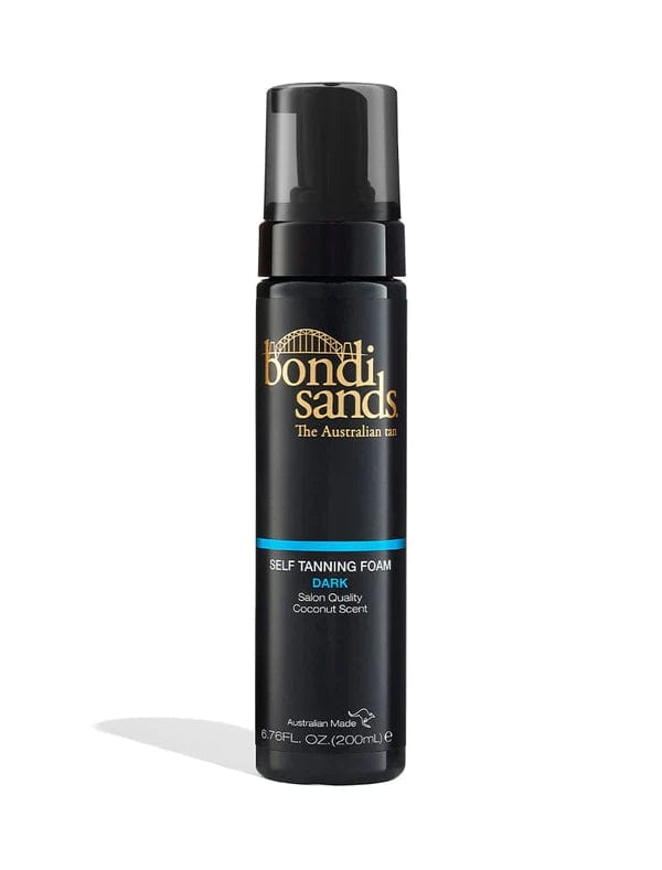 A black bottle of BondiSandsEU Self Tanning Foam Dark & Application Mitt Bundle, with gold and blue text, a pump dispenser, and a Sydney Harbour Bridge design above the logo—ideal for flawless tan application.