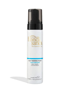 The BondiSandsEU Self Tanning Foam Light Medium & Application Mitt Bundle offers a 200 mL foam with blue accents and gold logo in a white bottle, delivering a streak-free tan—apply easily using the included mitt.