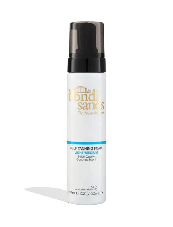The BondiSandsEU Self Tanning Foam Light Medium & Application Mitt Bundle offers a 200 mL foam with blue accents and gold logo in a white bottle, delivering a streak-free tan—apply easily using the included mitt.