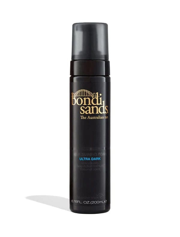 A black BondiSandsEU Self Tanning Foam Ultra Dark & Application Mitt Bundle stands upright against a white background, showcasing its pump dispenser and gold-white text—ideal for flawless tanning application.