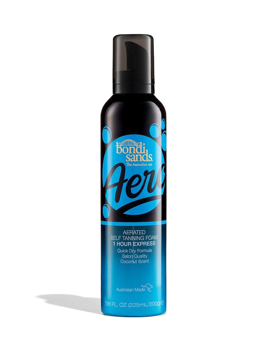 The BondiSandsEU Aero Express Self Tanning Mousse in a black and blue bottle with pump top offers a deep bronze glow fast, thanks to its quick-dry formula and delicious coconut scent.