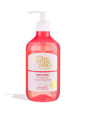 A clear pink 500 mL BondiSandsEU Summer Fruits Body Wash with a white pump, featuring pH balancing with aloe vera and an Australian-made summer fruits scent.