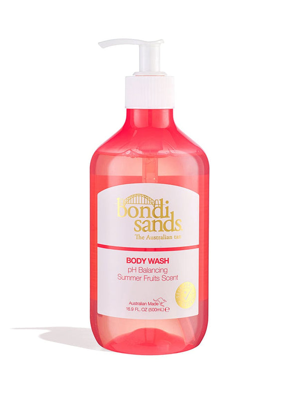 A clear pink 500 mL BondiSandsEU Summer Fruits Body Wash with a white pump, featuring pH balancing with aloe vera and an Australian-made summer fruits scent.
