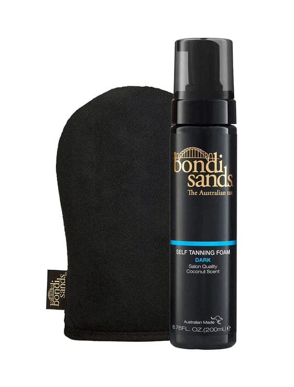 The BondiSandsEU Self Tanning Foam Dark & Application Mitt Bundle includes a sleek foam bottle with gold and white text and a black mitt featuring a Bondi Sands label, ideal for achieving a flawless tan.