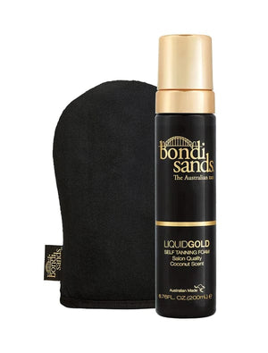 The BondiSandsEU Self Tanning Foam Liquid Gold & Application Mitt Bundle features both products, each with the Bondi Sands logo, on a white background—ideal for creating a flawless golden tan.