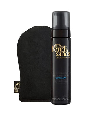 The BondiSandsEU Self Tanning Foam Ultra Dark & Application Mitt Bundle features a sleek black bottle with gold and blue text, paired with an application mitt displaying a small Bondi Sands label on its side.