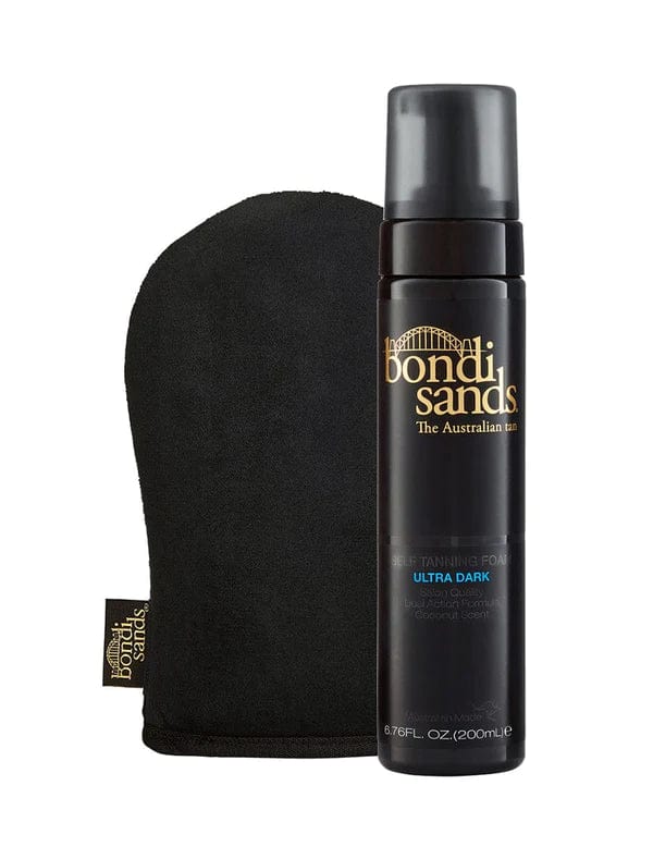 The BondiSandsEU Self Tanning Foam Ultra Dark & Application Mitt Bundle features a sleek black bottle with gold and blue text, paired with an application mitt displaying a small Bondi Sands label on its side.