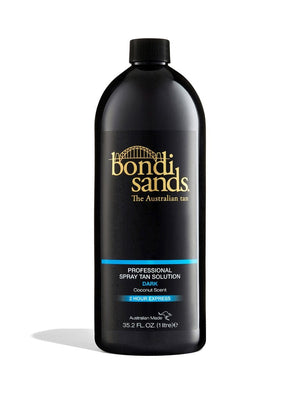 A black 1L (35.2 fl oz) bottle of BondiSandsEU Salon Solution Dark features gold and blue text, a coconut scent, fast-drying 2-hour express formula, dark shade, and “The Australian Tan” label.