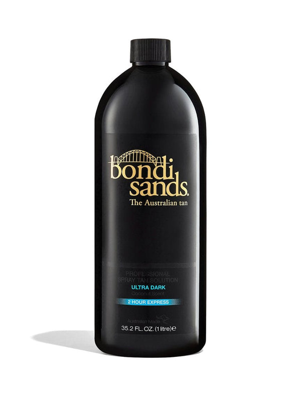 A black 1-liter bottle of BondiSandsEU Salon Solution Ultra Dark spray tan, labeled 2 Hour Express, with gold and blue accents and "The Australian tan" on the front.