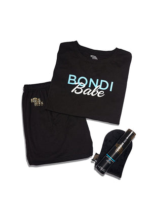 Bondi Sands Bondi Babe Short Tanning PJs Flat Lay with Bondi Sands Self Tanning Foam Dark and Application Mitt