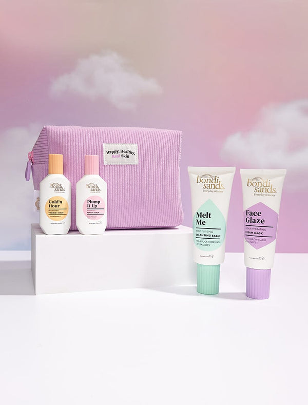 Bondi Sands Everyday Skincare Cosmetic Bag Lifestyle Image with Bestselling Skincare Lines