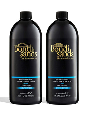 The BondiSandsEU Salon Solution Dark Duo features two black 1L bottles with gold and blue labels, a coconut scent, and “2 Hour Express” on the front, promising a streak-free tan every time.