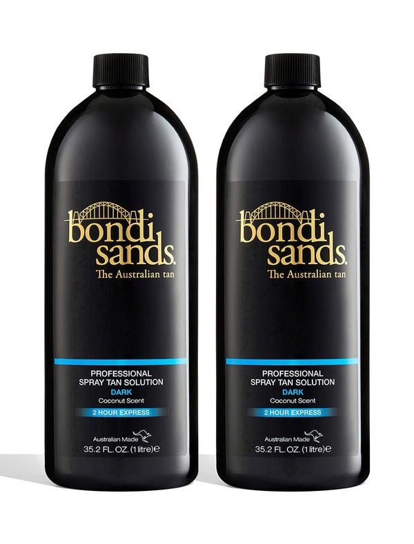 The BondiSandsEU Salon Solution Dark Duo features two black 1L bottles with gold and blue labels, a coconut scent, and “2 Hour Express” on the front, promising a streak-free tan every time.