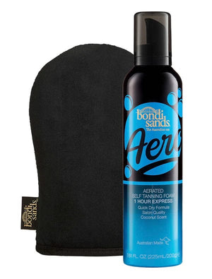 The BondiSandsEU Aero Self Tanning Foam 1 Hour Express & Application Mitt Bundle includes a black bottle with blue accents and a mitt, offering a flawless tan in just 1 hour.