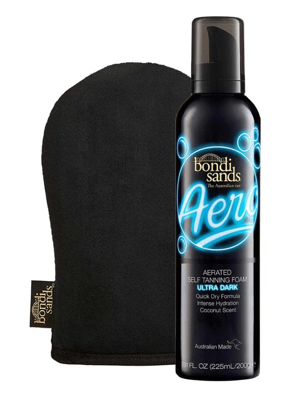 The BondiSandsEU Aero Self Tanning Foam Ultra Dark & Application Mitt Bundle stands upright against a plain white background, ready to help you achieve a flawless bronzed glow.