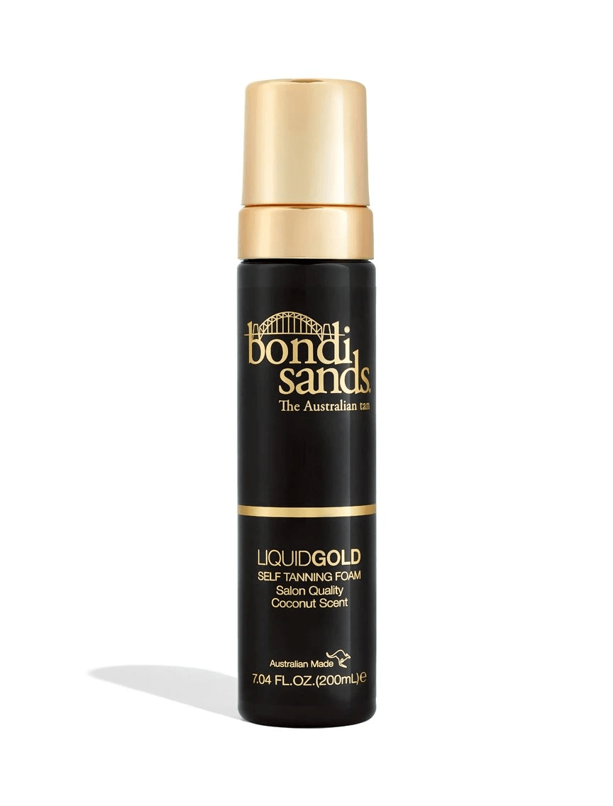 The BondiSandsEU Liquid Gold Self Tanning Foam comes in a black and gold 200ml (7.04 fl. oz.) bottle, delivers a golden glow with a coconut scent, features salon quality, The Australian tan label, and requires no rinse.