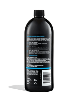 A black bottle of BondiSandsEU Salon Solution Dark Duo stands upright, showing the back label with usage instructions, ingredients, and company info in blue and white text for a streak-free tan.