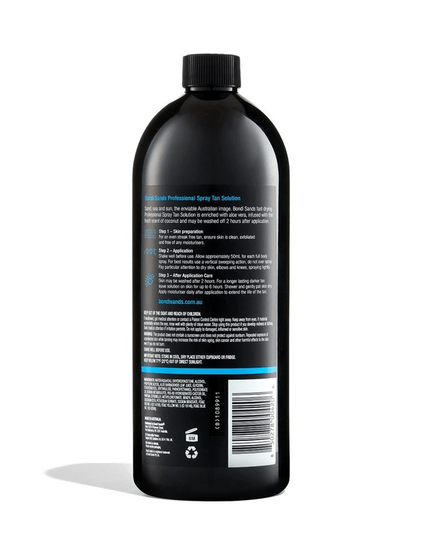 A black bottle of BondiSandsEU Salon Solution Dark Duo stands upright, showing the back label with usage instructions, ingredients, and company info in blue and white text for a streak-free tan.