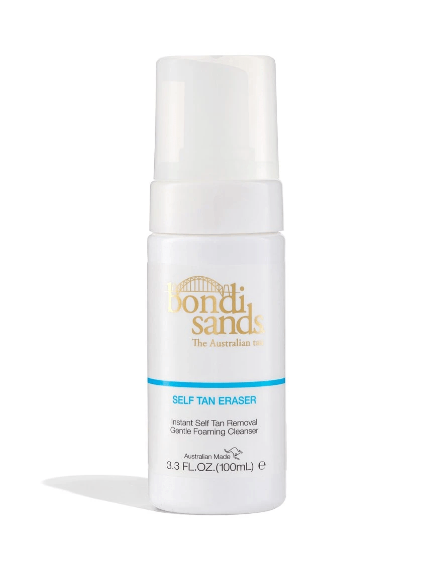 A white 3.3 fl. oz (100mL) bottle of BondiSandsEU Self Tan Remover Foam Eraser with a pump, featuring gold and blue text, designed as an exfoliating foam for instant self tan removal.